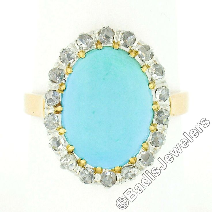 "Here we have a very lovely antique turquoise and diamond ring that was crafted in solid 18k gold with a platinum top during the Victorian era. It features a fine, Persian, oval cabochon cut turquoise stone neatly set at its center. The natural stone has a super attractive robin's egg blue color, and is wonderfully complemented by a halo of 18 old rose cut diamonds, adding a glamorous touch with their brilliant sparkles. This ring remains in all original and excellent physical condition with pat Antique Oval Turquoise Ring Hallmarked, Antique Turquoise Gemstone Ring For Formal Occasions, Elegant Turquoise Cabochon Diamond Ring, Formal Oval Turquoise Ring With Diamond, Oval Diamond Turquoise Ring For Formal Occasions, Antique Oval Turquoise Ring, Antique Oval Turquoise Wedding Ring, Antique Oval Turquoise Ring For Wedding, Heirloom Oval Turquoise Cabochon Ring