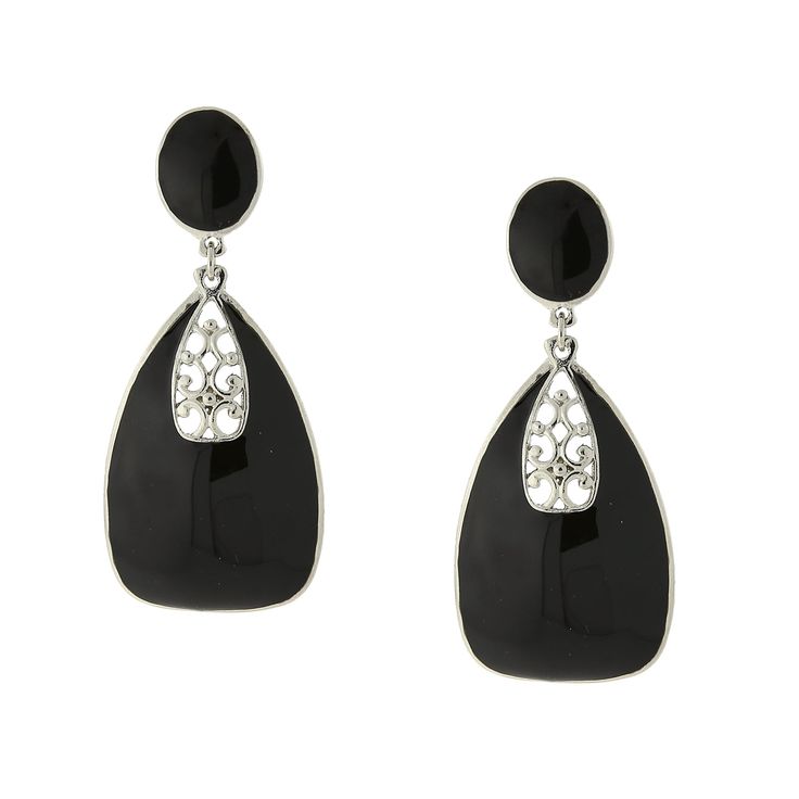 Impress them all with these glamorous statement earrings. Featuring over sized drop earrings with rich enamel colors accented with a silver toned or black tone filigree design. Absolutely amazing! Silver Tone - Purple, Blue, Black Black Tone - White Measurements: 2.25"L x 1.04"W Post Backing Made In USA 2028 Jewelry Collection 2028 Jewelry features more fashion forward design choices comprised of premium components. The collection is enhanced with noticeable statement pieces that respect vintage Channel Jewelry, Refined Fashion, 1928 Jewelry, Statement Drop Earrings, Filigree Design, Over Sized, Silver Drop Earrings, Jewelry Companies, White Enamel