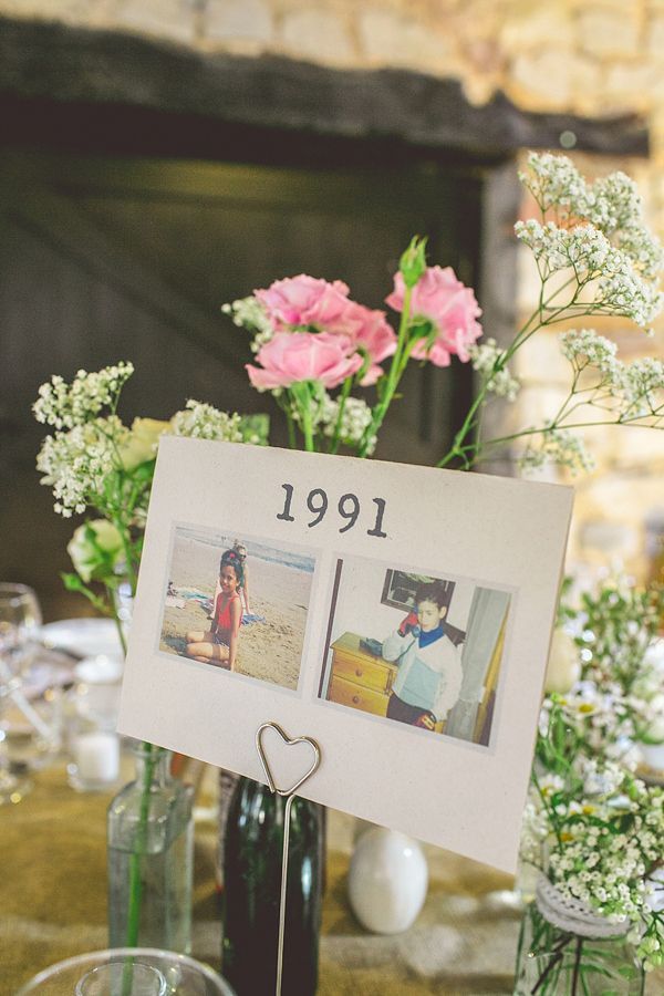 the table is set with flowers and photos for an old - fashioned wedding reception in glass vases