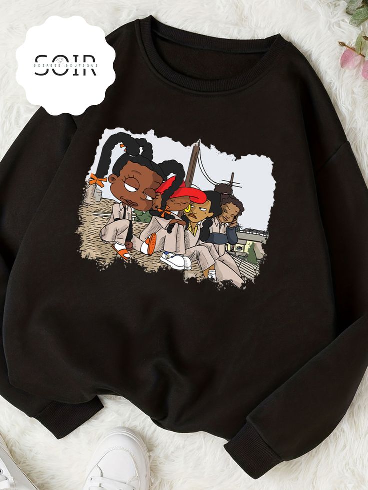 Black Girl Magic 90s Theme Cartoon Graphic Long Sleeve Sweater - Soirées Boutique Black Crew Neck Sweatshirt With Graffiti Print, Black Graffiti Print Sweatshirt For Fall, Y2k Graphic Print Sweatshirt For Fall, Cartoon Print Long Sleeve Sweatshirt For Streetwear, Oversized Black Sweatshirt With Cartoon Print, Y2k Winter Sweatshirt With Graphic Print, Y2k Graphic Print Long Sleeve Sweatshirt, Y2k Long Sleeve Graphic Print Sweatshirt, 90s Style Black Tops For Fall