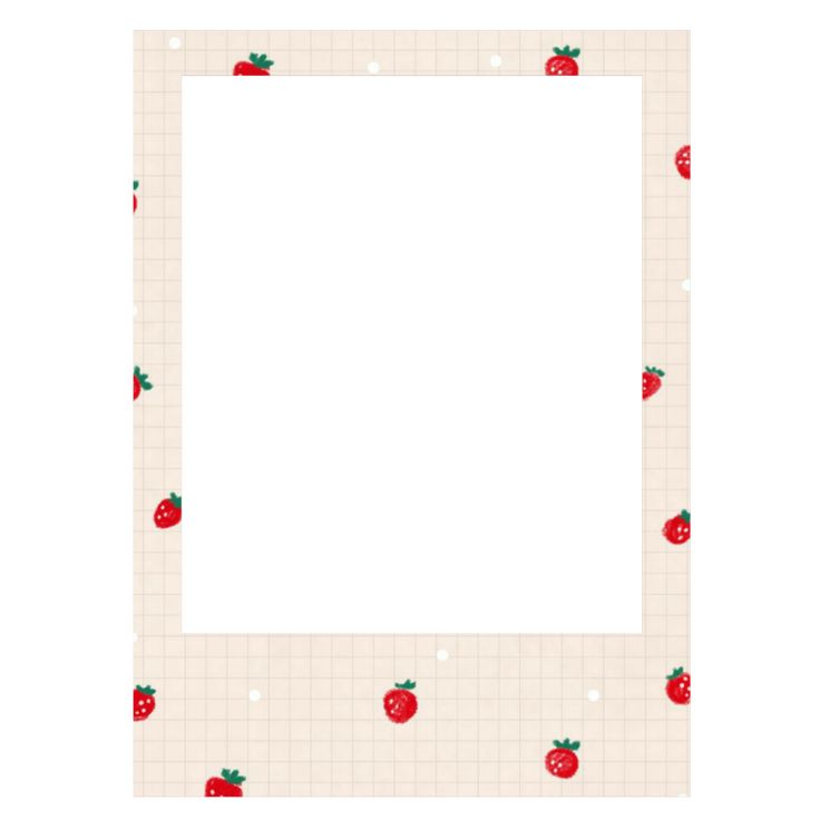 a white square with strawberries on it and polka dots around the edges is shown