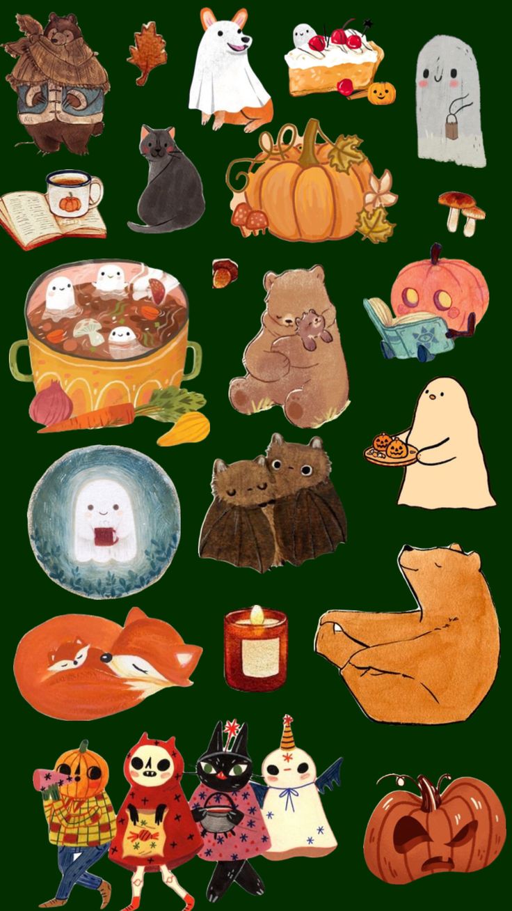 an image of halloween stickers on a green background with pumpkins and ghostes