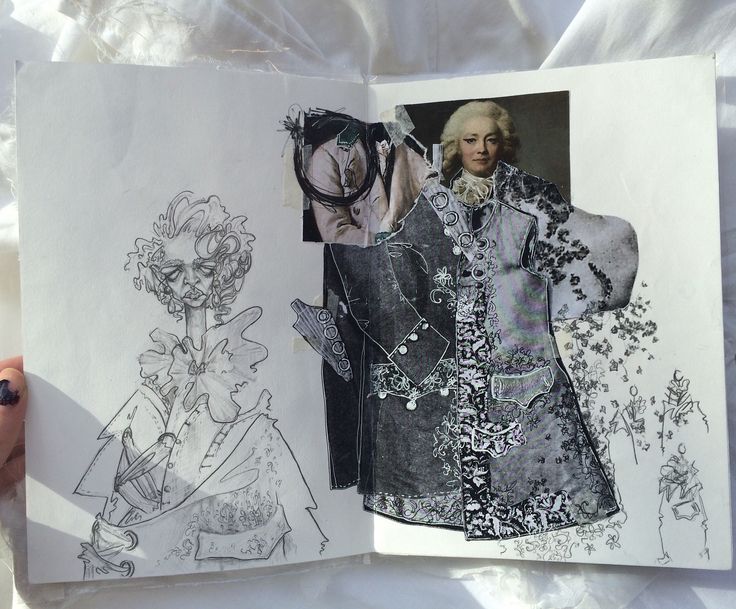 an open book with pictures of women's fashions on it, and a drawing of a woman in a dress