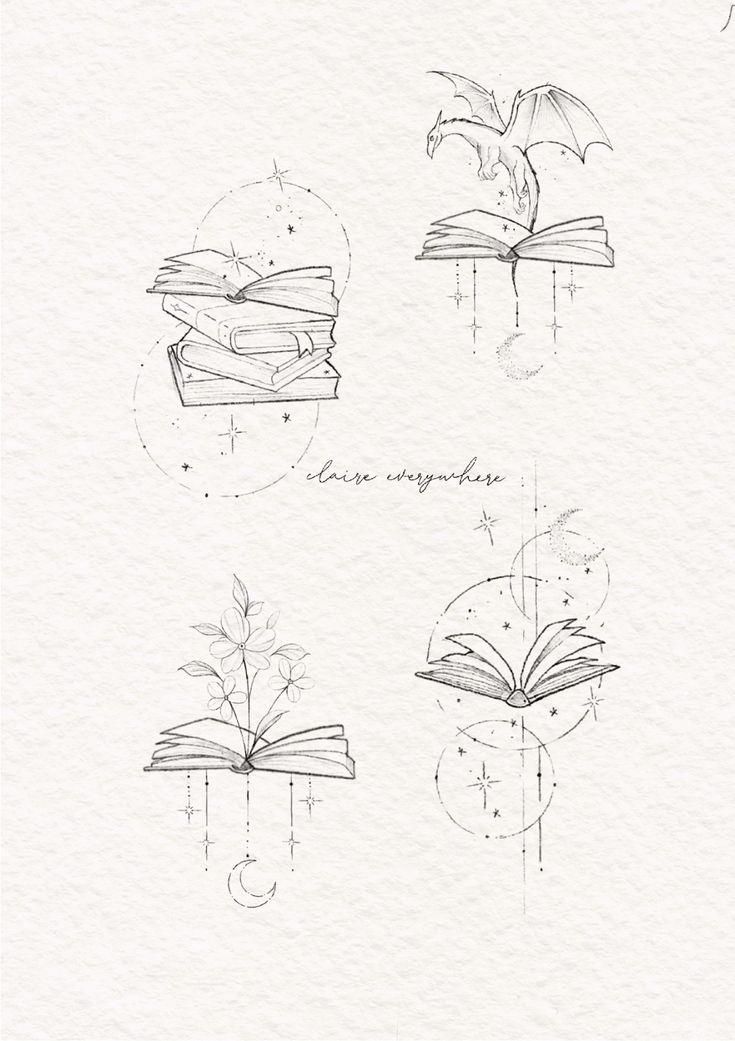 three different drawings of books and an umbrella