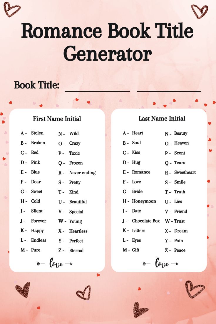 a book title generator with hearts in the middle and two rows on each page,