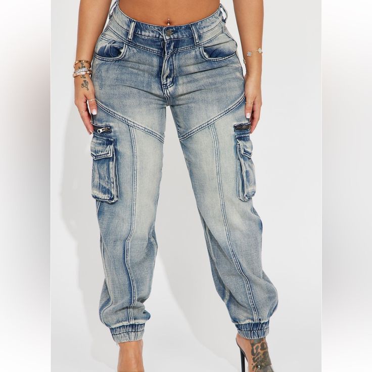 Fashion Nova Superstitions Tinted Denim Joggers Medium Wash Brand New Never Worn Size 5 Not Much Stretch Vans Clothes, Denim Jogger Pants, Angel Card, Ladies Denim, Denim Joggers, Jean Jeggings, Fashion Nova Jeans, Card Reader, High Rise Jeans