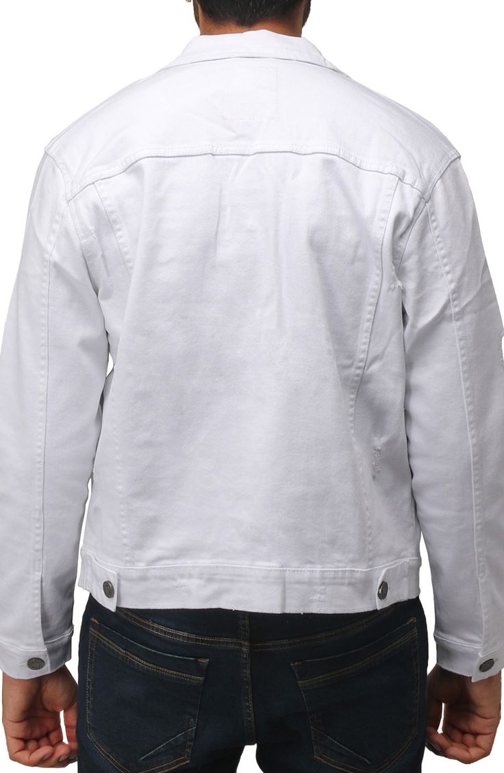 A casual denim jacket with a slimmer profile is ideal for everyday wear. 28" length (size Large)
 Front placket
 Spread collar Long sleeves 100% cotton Machine wash, tumble dry Imported Fitted White Denim Jacket With Button Closure, White Cotton Denim Jacket With Button Closure, White Button-up Denim Jacket For Streetwear, Classic White Denim Jacket With Pockets, Fitted Cotton Denim Jacket For Everyday, Fitted Cotton Denim Jacket Casual, Trendy White Cotton Denim Jacket, White Relaxed Fit Classic Denim Jacket, White Casual Denim Jacket With Button Closure