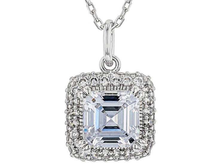 Bella Luce ® white diamond simulant 3.57ctw asscher and round, rhodium over sterling silver pendant with chain. Pendant measures approximately 0.63"L x 0.44"W and has a 2mm bail. Includes an 18 inch cable chain with a spring ring closure. The diamond equivalent weight is 1.96ctw. Asscher Cut Diamond Jewelry As Gift, Fine Jewelry Asscher Cut For Formal Occasions, White Diamond Octagon Jewelry, Sterling Silver Square Pendant With Diamond Accents, Octagon Diamond Jewelry In Diamond White, Octagon-shaped Diamond Jewelry In Diamond White, Sterling Silver Square Pendant Jewelry With Diamond Accents, Elegant Silver Diamond Necklace With Asscher Cut, Formal Jewelry With Diamond Accents And Square Pendant