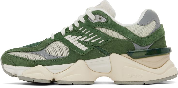 Low-top paneled pigskin suede and mesh sneakers in green. Logo embroidered at inner side and heel. · Logo embossed at toe · Lace-up closure · Rubberized logo patch at padded tongue · Padded collar · Logo appliqué at outer side · Transparent CR device at counter · Jersey lining · ABZORB® and SBS foam rubber midsole · Treaded rubber outsole Supplier color: Nori/Slate grey Nb 9060, New Balance For Men, Campus Adidas, New Balance 9060, New Balance Outfit, Tech Aesthetic, Sneakers Vans, Mesh Sneakers, Green Logo