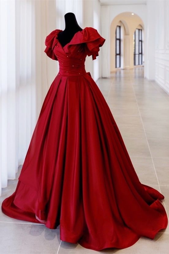 Red Ball Gown with Bell Sleeves and Lace UP Back Modest Ball Gown, Prom Desses, Satin Long Prom Dress, Prom Dress Burgundy, Burgundy Evening Dress, Burgundy Prom, Red Ball Gown, Evening Dress Long, A Line Prom Dress