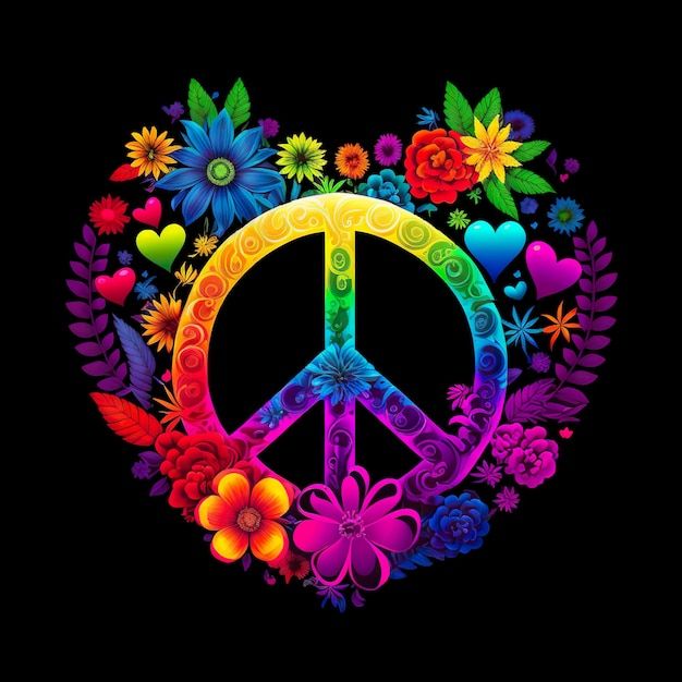 a peace sign surrounded by flowers and hearts on a black background with the word love written in