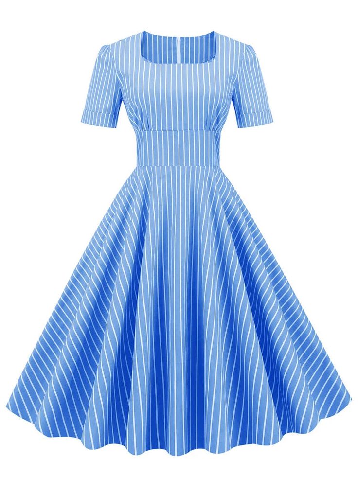 SPECIFICATIONS Silhouette: A-LINE Neckline: Square Collar Decoration: none Style: vintage Dresses Length: Mid-Calf Material: COTTON+SPANDEX Closure Type: zipper Waistline: empire Pattern Type: Striped Profile Type: A Gender: WOMEN Retro Summer Dress, Vestidos Pin Up, Vintage Striped Dress, Vintage Wedding Party, Vestidos Retro, Lovely Partner, Look Retro, Dress Occasion, Pin Up Dresses