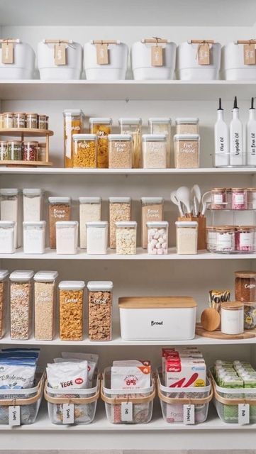 the shelves are filled with different types of food and storage containers, all labeled with labels