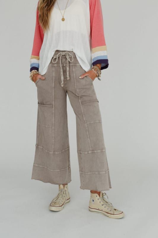 Lucky One Wide Leg Pant - Taupe | Three Bird Nest Wide Leg Lounge Pants, Three Bird Nest, Boho Outfit, The Lucky One, Exposed Seams, Denim Day, Comfy Pants, Cargo Style, Wide Leg Pant