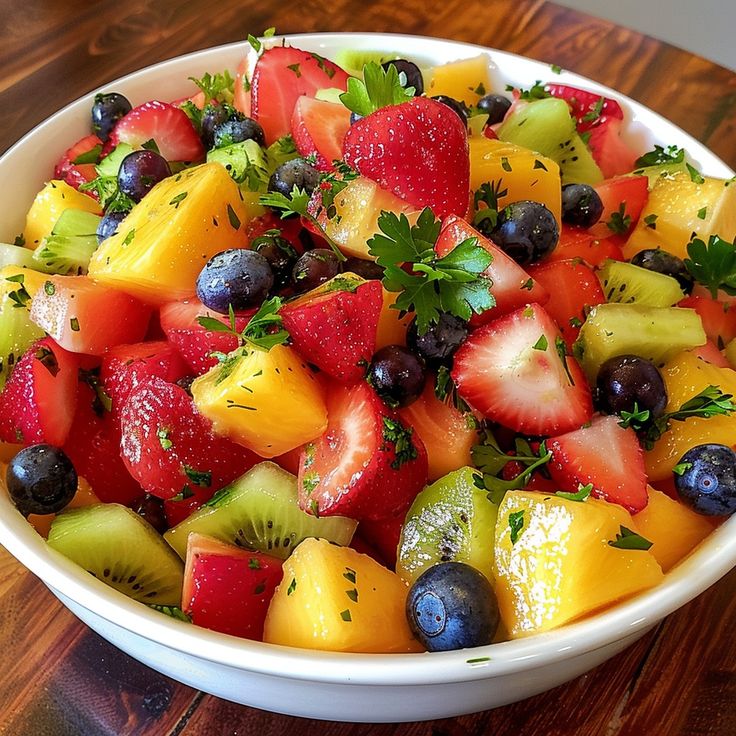 a white bowl filled with lots of fruit on top of a wooden table and topped with parsley