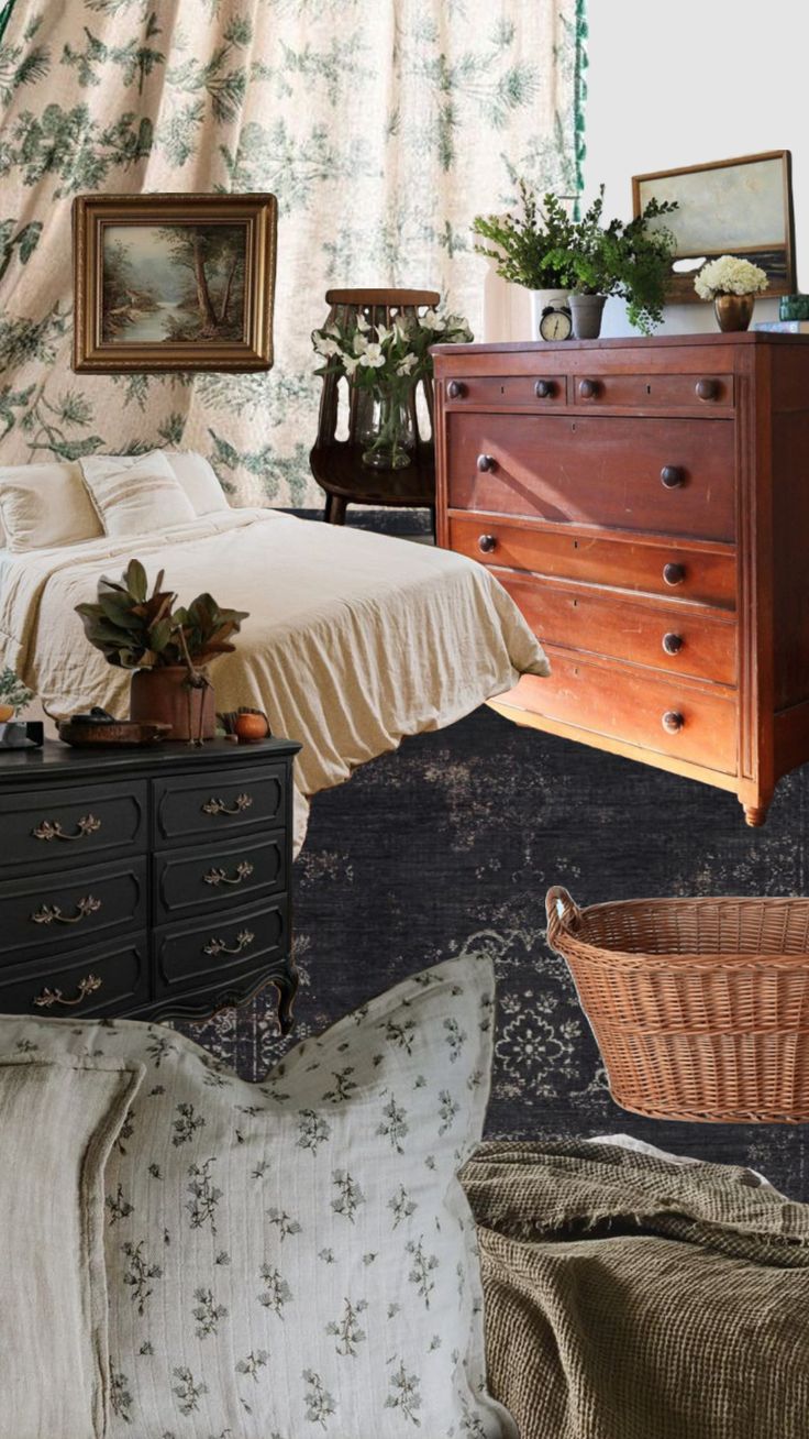 a bed room with a neatly made bed next to a dresser and a basket on the floor