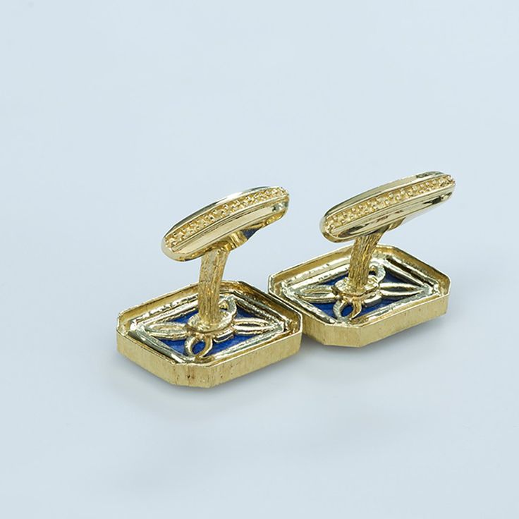 La Triomphe gold lapis cufflinks.Florentine 18k yellow gold and lapis cufflinks. In ancient times Lapis Lazuli was most highly regarded because of its beautiful deep blue color and was the symbol of royalty and honor, gods and power, spirit and vision. It is a universal symbol of wisdom and truth. Metal Type: 18K Yellow Gold Stone: Lapis Lazuli Weight: 16.8 Grams Measurements: L 0.6", W: 0.8" Luxury Gold Antique Cufflinks, Symbol Of Wisdom, Deep Blue Color, Genuine Love, Gold Stone, Ancient Times, Deep Blue, Lapis Lazuli, Types Of Metal