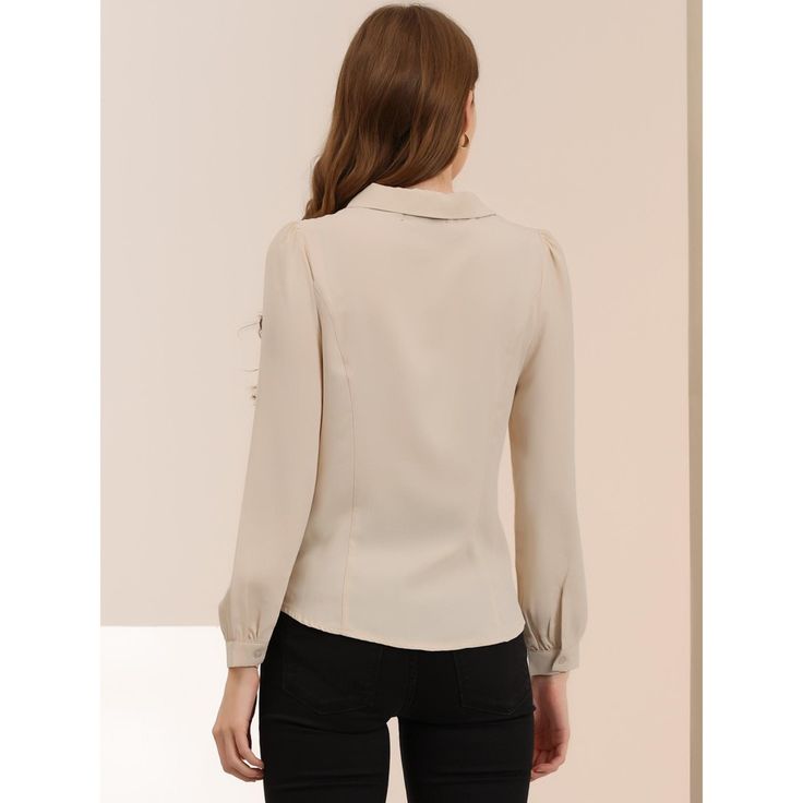 Whether you're in the office or out on the town, this cute blouse is perfect for any occasion. The soft fabric will keep you comfy all the time. Simple and classic shirts are never out of date and maintain an elegant appearance. The stylish Peter Pan collar and bow-tie neck design are different from those of classic shirts, adding a unique feminine. A classic blouse goes well with everything. It can be dressed up with dress pants or casual with skinny jeans or plaid skirts to show the preppy sty Beige Workwear Shirt, Beige Solid Workwear Shirt, Beige Solid Color Shirt For Work, Beige Solid Color Workwear Shirt, Beige Long Sleeve Office Blouse, Casual Beige Blouse For Office Wear, Beige Long Sleeve Blouse For Work, Beige Blouse For Business Casual In Fall, Casual Beige Blouse For Office