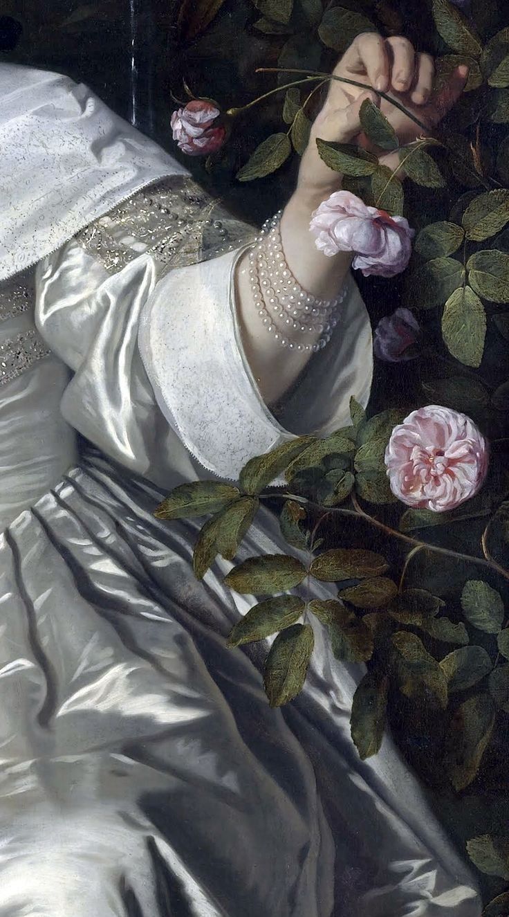 a painting of a woman in a white dress with flowers around her neck and arm