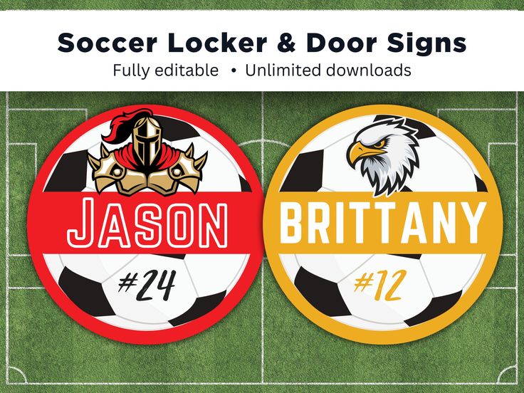 two soccer stickers with the names of different teams and numbers on them, one is for