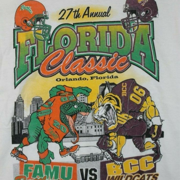 the florida classic t - shirt is white with orange and green lettering, featuring two football players