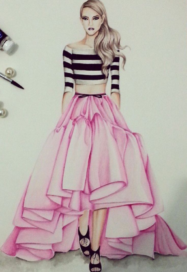 a drawing of a woman in a pink dress with black and white stripes on it