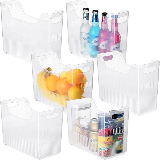 six plastic storage bins filled with drinks and fruit