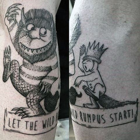 two tattoos on the legs of people with words and animals in them, one has a crown