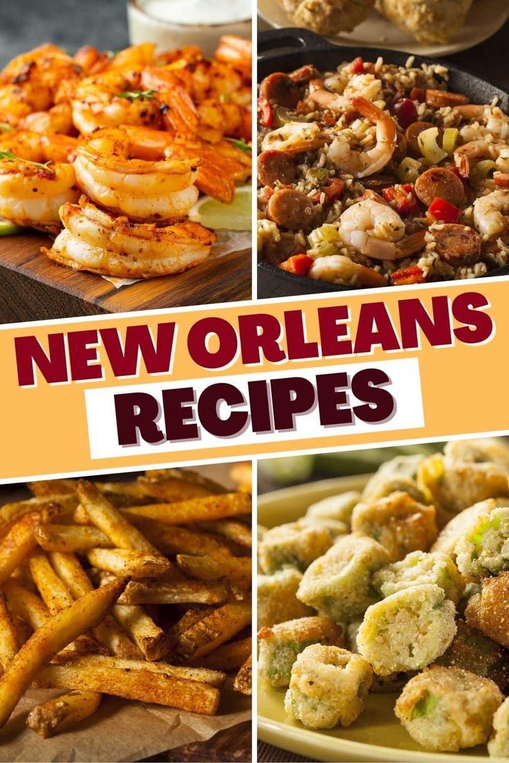 new orleans's best seafood and shrimp dishes are featured in this collage with the words, new orleanss recipes