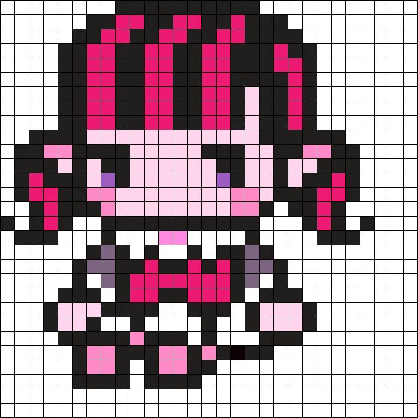 an image of a pixel style character with pink hair and black eyes, on a white background