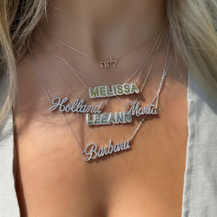 This luxurious 14K gold necklace features a personalized diamond cloud nameplate. Perfect for a special occasion or as an everyday accessory, it is crafted with the highest quality materials for maximum shine and durability. Item Information: Metal: 14k Gold Approx. Weight 3.2g-7g Chain Length: 16"-18" Letter Height: 10mm Diamond Information: Color: G-H Clarity: SI1 Approx. Carat Weight: 0.15-0.50 Personalized Diamond Necklace, Diamond Name Necklace, Gold Herringbone Chain, Hummingbird Necklace, Lowercase Letter, Mama Necklace, Nameplate Necklace, Gold Letter, Luxury Necklace