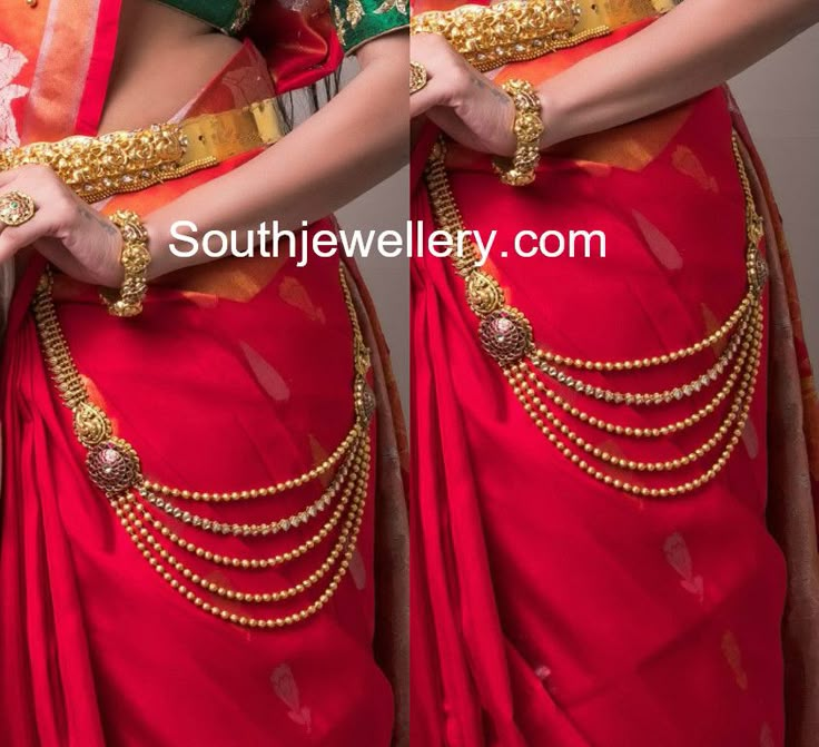 two women in red sari with gold chains on their waists and one wearing a green blouse