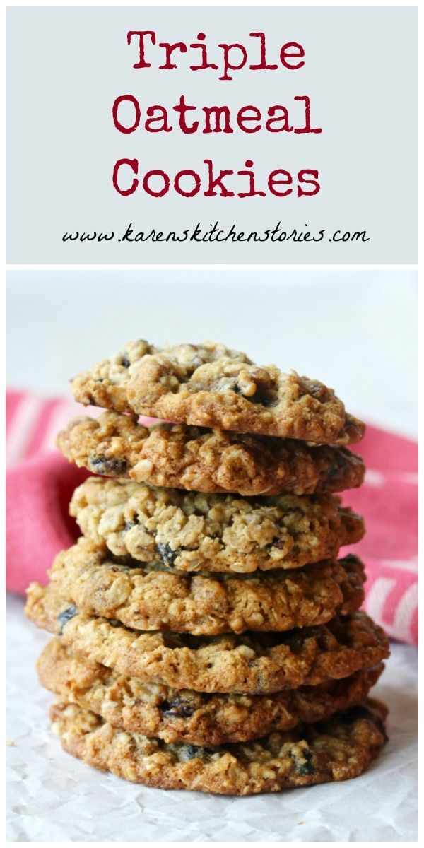 triple oatmeal cookies stacked on top of each other with text overlay