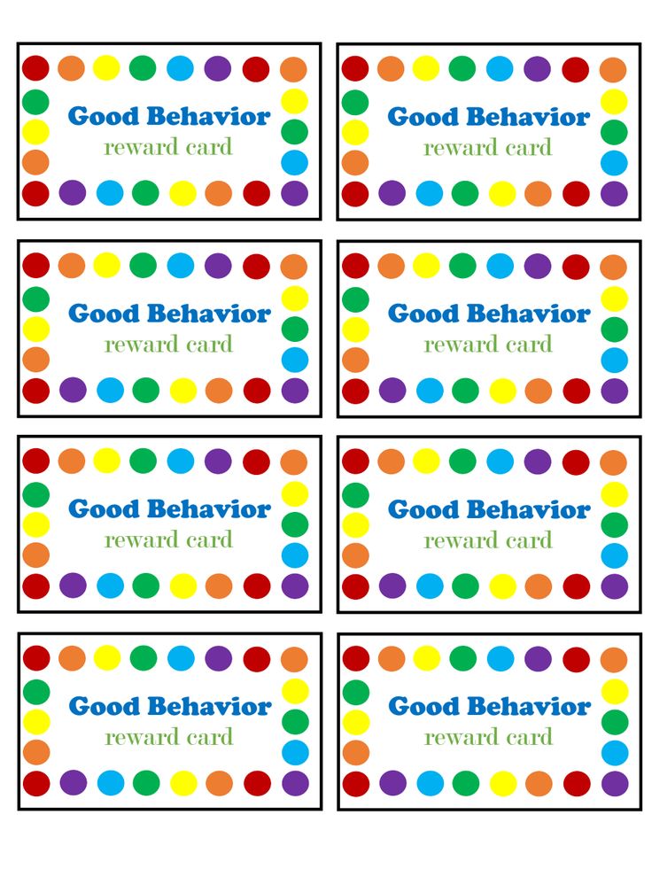 good behavior reward cards with colorful dots on the front and bottom, in different colors