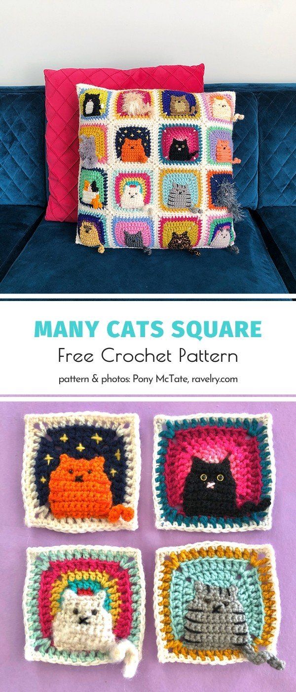 four crocheted squares with cats on them and the text, many cats square free crochet pattern