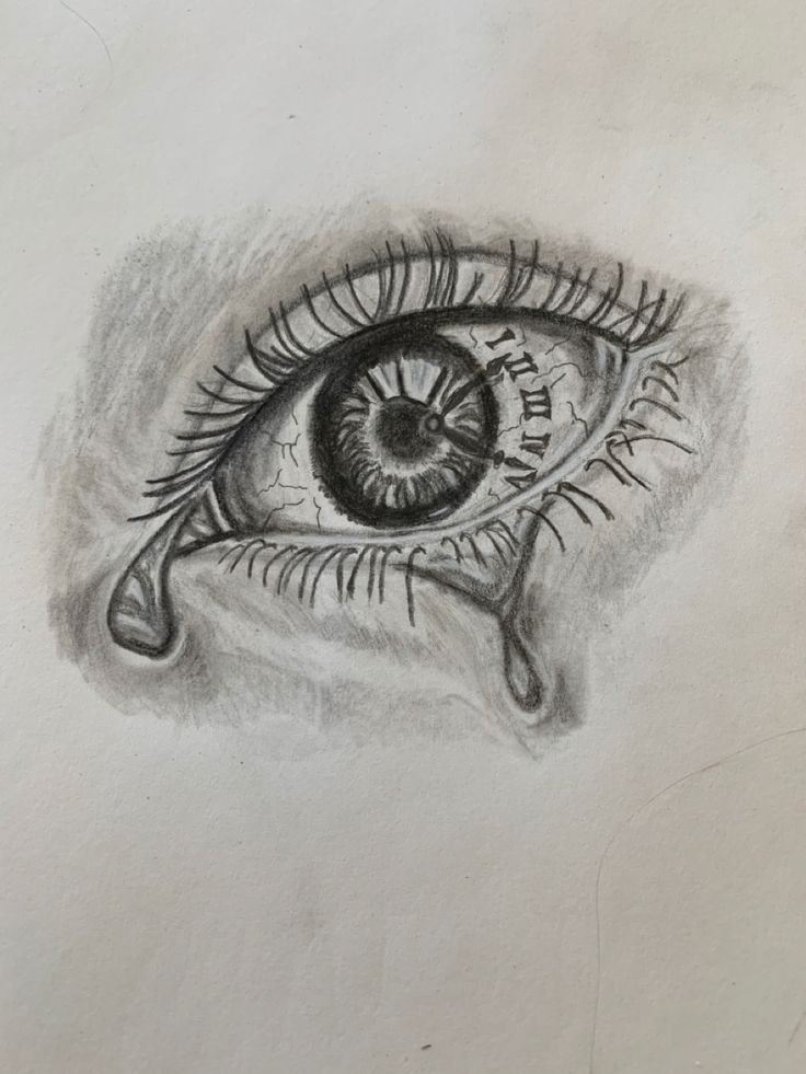 a drawing of an eye with tears on the iris's side, in black and white