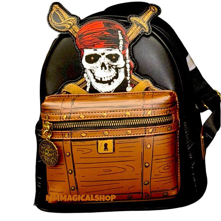 Nwt Loungefly Disney Mad Bagger Exclusive Pirates Of The Caribbean Mini Backpack! Yo Ho, Yo Ho! Swash Buckle Into Adventure With Disney's Pirates Of The Caribbean Dead Men Tell No Tales Mini Backpack. This Mini Backpack Is Made Of Vegan Leather (Polyurethane). It Features Adjustable Padded Shoulder Straps, Printed Side Pockets, Sturdy Metal Hardware, And Has A Printed Appliqu Featuring The Famous Jolly Roger, Printed Front Pocket With Treasure Chest Design And Custom Lining. The Back Has Debosse Snow White Cosplay, Star Wars Backpack, Haunted Mansion Wallpaper, Tusken Raider, Chest Design, Pusheen Cat, Lion King Simba, Loungefly Bag, Cat Backpack