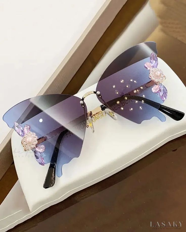 Lasaky - 1 Pair Crystal Floral Pattern Butterfly Wing Sunglasses Rimless Glass Party Sunglasses, Rimless Sunglasses For Spring Party, Summer Rimless Glass Sunglasses, Rimless Tinted Sunglasses For Party, Elegant Purple Sunglasses For Summer, Spring Party Rimless Sunglasses, Purple Glass Sunglasses For Spring, Elegant Multicolor Sunglasses For Summer, Spring Party Cat Eye Sunglasses With Glass Material