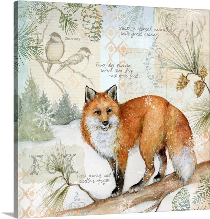 a painting of a fox standing on a tree branch in the snow with pine cones