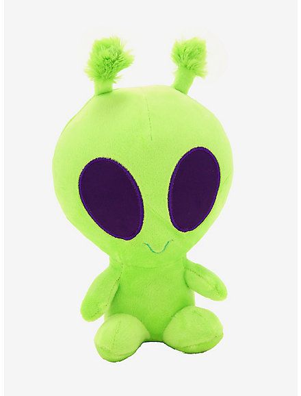 a green alien stuffed animal with purple eyes