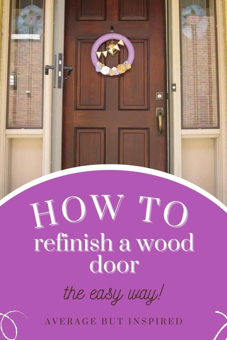 a purple door with the words how to refinish a wood door