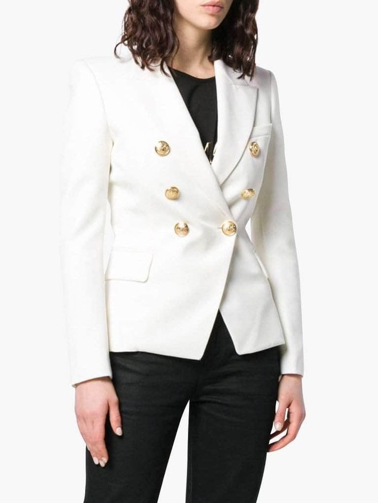 Classic White Double-breasted Outerwear, White Double-breasted Notch Lapel Outerwear, Luxury White Outerwear With Hidden Buttons, Luxury White Outerwear With Hidden Button Closure, Winter White Business Casual Blazer, White Winter Business Casual Blazer, Winter Business Casual White Blazer, White Business Casual Winter Blazer, Luxury White Business Blazer