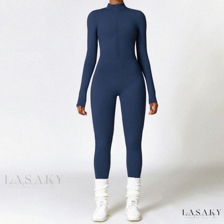 Lasaky - Long-sleeve Fleece-lined Yoga Jumpsuit, Winter Warmth, Waist-cinching Bodysuit, Same Day Shipping Blue Stretch Jumpsuits And Rompers For Winter, Winter Blue Stretch Jumpsuits And Rompers, Casual Blue Bodysuit For Fall, Sports Long Sleeve Jumpsuit, High Stretch Full Length Winter Unitard, High Stretch Full-length Unitard For Winter, Fitted Long Sleeve Jumpsuits And Rompers For Athleisure, Blue Stretch Jumpsuit With Long Sleeves, Full-length Winter Bodysuit With Thumbholes