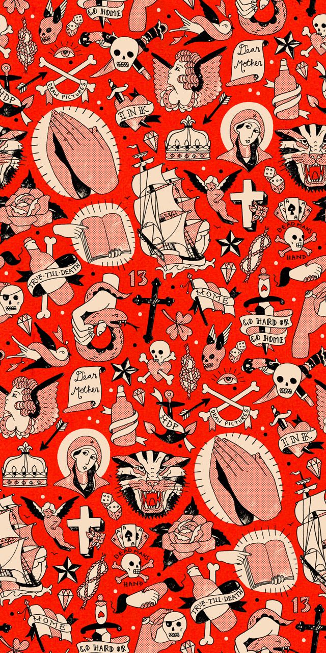 a red background with skulls and bones on it