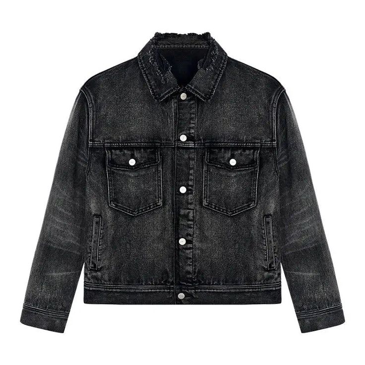 Classic black denim jacket with a worn-in look. Features a button-up front, collar, and two chest pockets with snap closures. Side pockets and adjustable waist tabs add functionality. The distressed finish gives it an edgy, vintage appeal. Perfect for layering and adding a cool, casual vibe to any outfit. Size (in cm) S M L XL Length 56 58 60 62 Chest 113 117 121 125 Shoulder 48 50 52 54 More Sizing Information Below Black Cotton Denim Jacket With Flap Pockets, Black Washed Edgy Denim Jacket, Edgy Washed Black Denim Jacket, Vintage Black Washed Outerwear, Washed Black Denim Jacket With Button Closure, Vintage Style Washed Black Outerwear, Urban Denim Vest With Pockets For Fall, Classic Black Denim Jacket With Flap Pockets, Black Denim Button-up Jacket With Snap Buttons