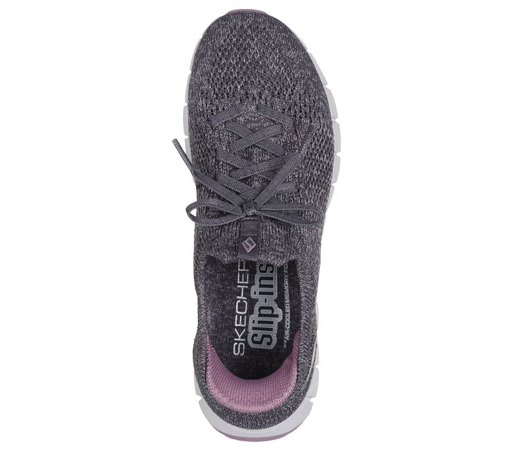 Step into effortless casual style and comfort with Skechers Hands Free Slip-ins Flex Step - Soft Stroll. Designed with our exclusive Heel Pillow , this vegan slip-on features a seamless Stretch Fit engineered knit upper with a Sock-Fit , fixed stretch laces, plus a Skechers Air-Cooled Memory Foam insole with added Luxe Foam cushioning. | Skechers Women's Slip-ins: Flex Step - Soft Stroll Sneaker | Medium Width | Skechers Hands Free Slip-ins for an easy fit | Exclusive Heel Pillow holds your foot Seamless Socks, Shoe Technology, Lace Crafts, Wide Shoes, Skechers Women, Charcoal Color, Shopping Hacks, Stretch Lace, Knitting Designs