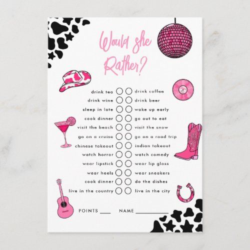 Would She Rather Cowgirl Disco Bachelorette for $2.21 - Bachelorette Card Cowgirl Party Games, Cowgirl Bachelorette Party Games, Bachelorette Card, Fun Bachelorette Party Games, Bridal Shower Wine Theme, Bachelorette Party Activities, Cowgirl Disco, Birthday Party Drinks, Cowgirl Bachelorette Parties