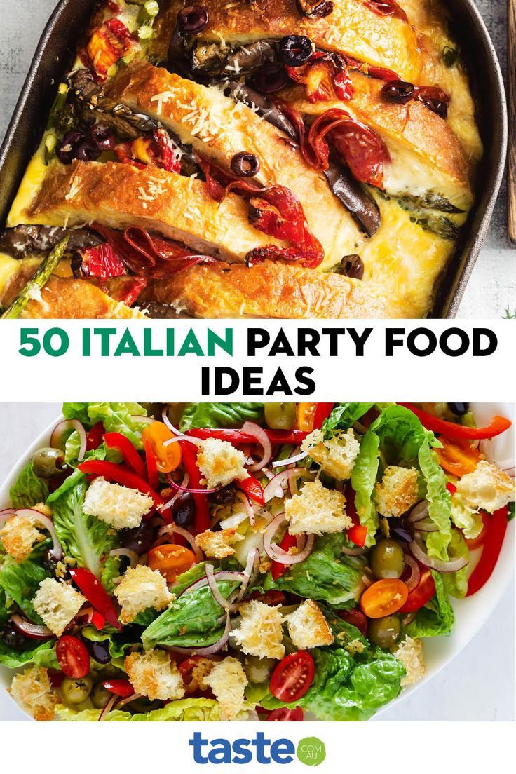 different types of italian party food are shown in this collage with the words, 50 italian party food ideas