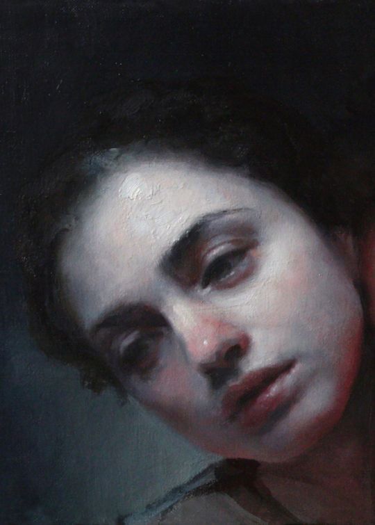 an oil painting of a woman's face with eyes closed and her head turned to the side