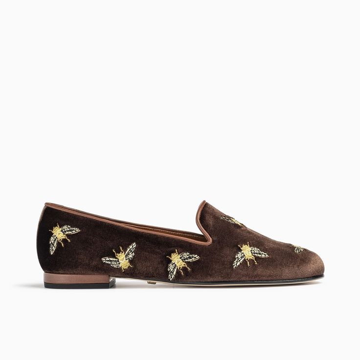 Inspired by our best-selling "bee-spoke" designs this brown velvet smoking slipper loafer with embroidered bees is the newest addition to our our iconic Gatsby collection. This shoe is ready to buzz around town with you from day into night. Velvet upper Leather sole and insole Medium width .5 inch heel Made in Spain Spring Flat Loafers With Woven Sole, Chic Spring Loafers With Woven Sole, Chic Loafers With Woven Sole And Flat Heel, Chic Loafers With Woven Sole, Slipper Loafers, Brown Flats, Brown Velvet, 5 Inch Heels, Mule Flat